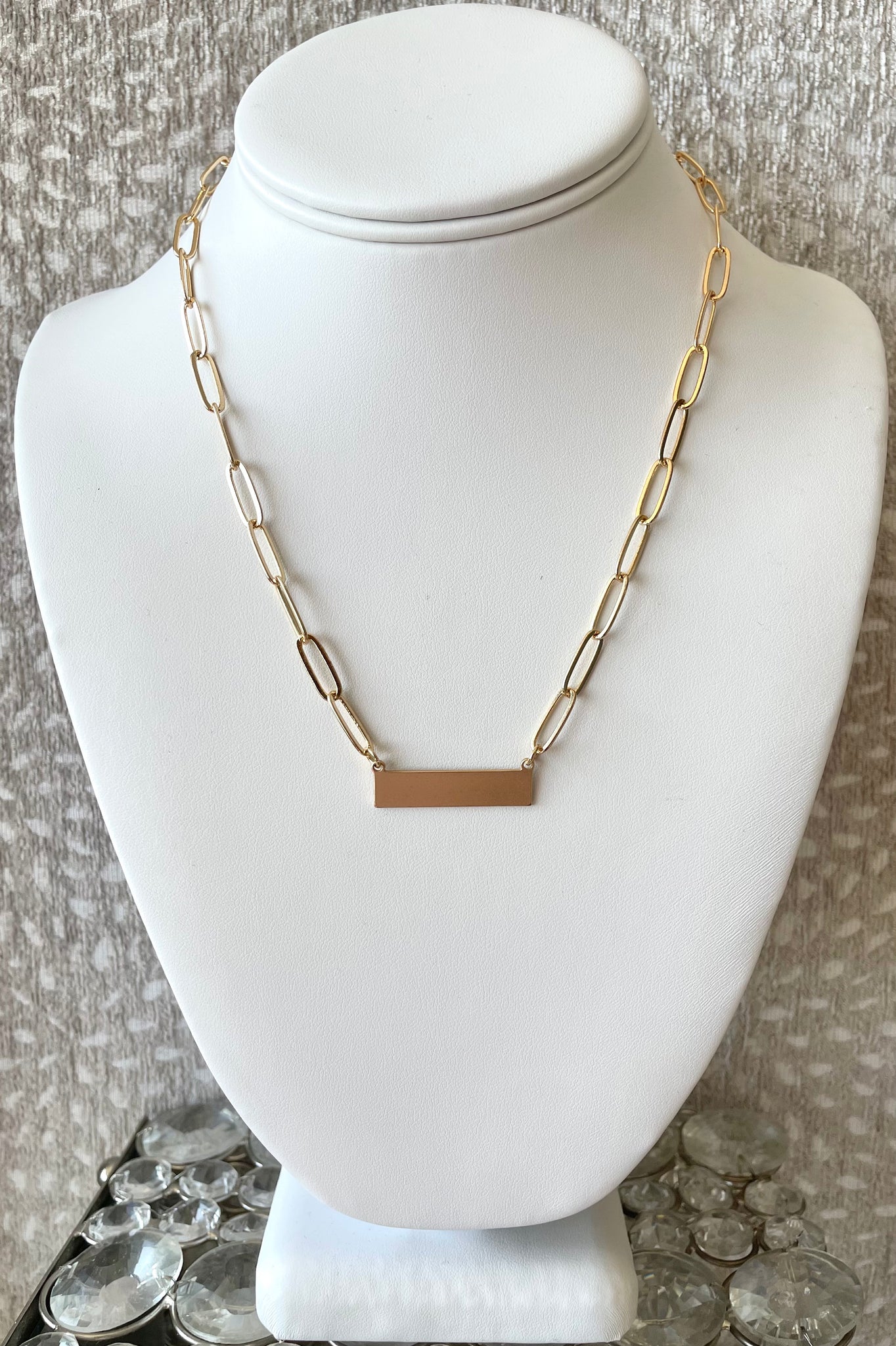 Gold Tone Paperclip Necklace with Bar Pendent