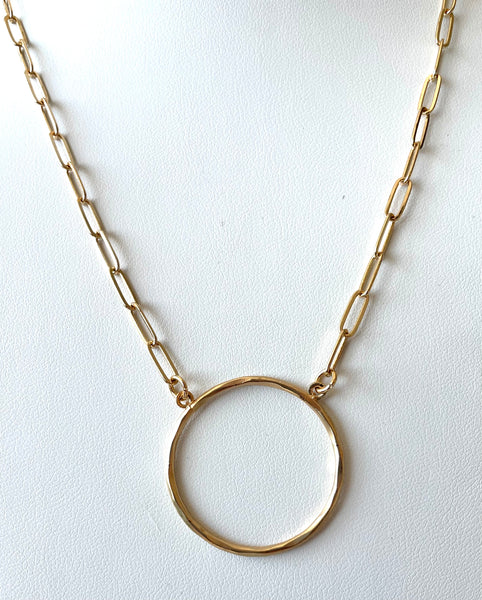 Gold Tone Paperclip Chain with Circle Pendent