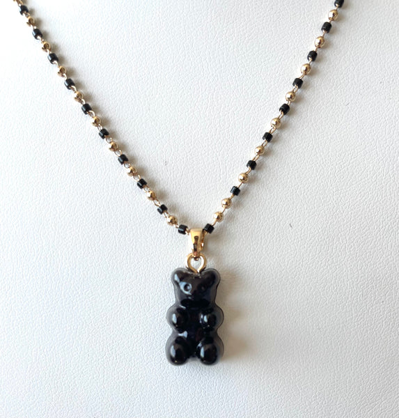 Black Gummy Bear Pendent on Black & Gold Chain