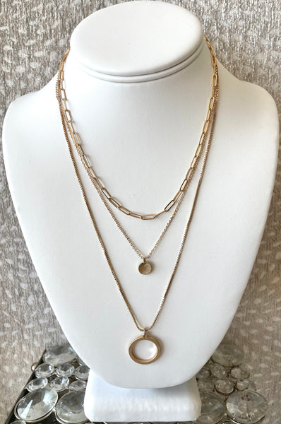 Gold Tone Triple Tiered Necklace with Drop Discs