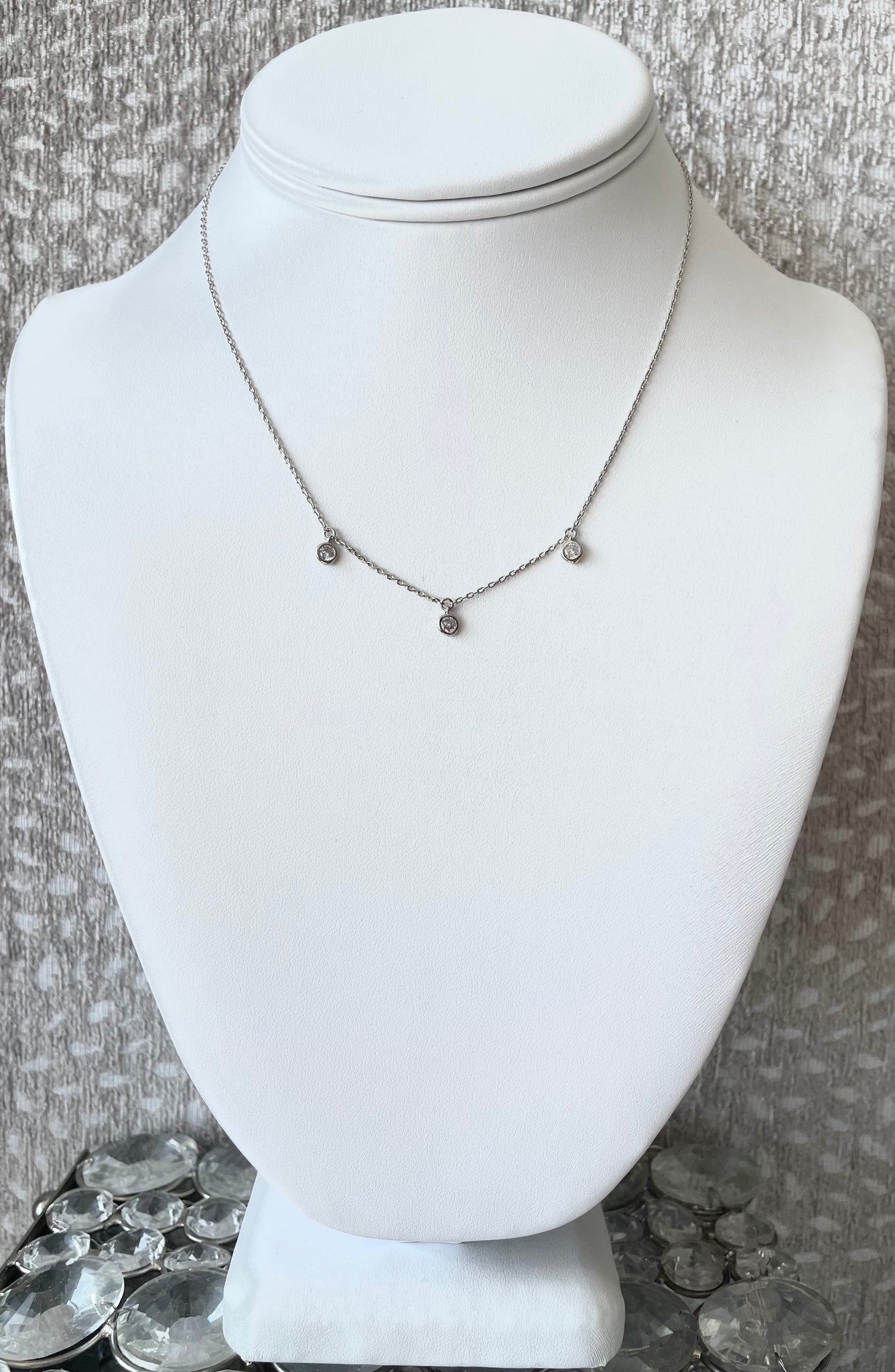 White Gold Dipped Choker with Cubic Zirconia Drops